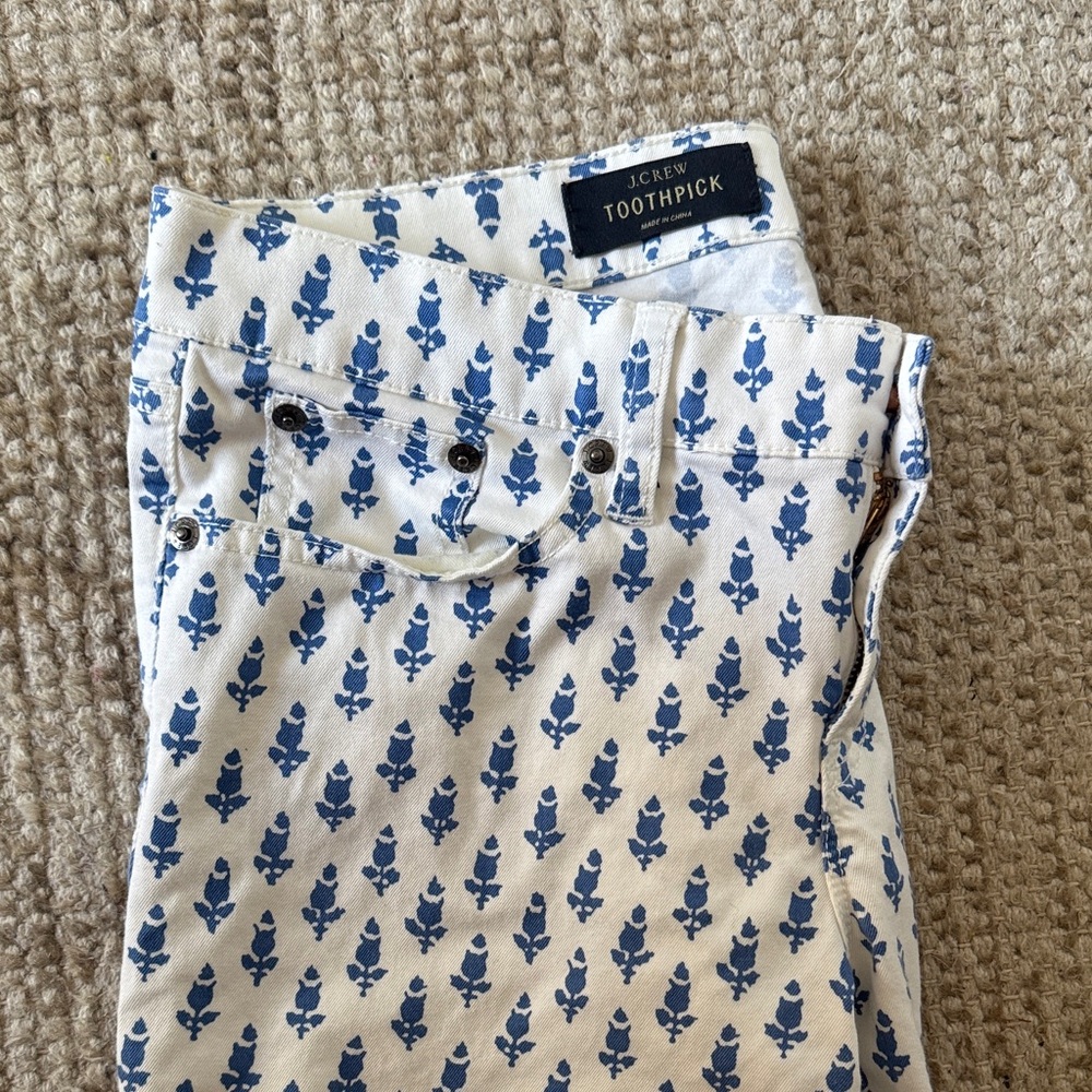 J. Crew Blue and White Patterned Toothpick Pants